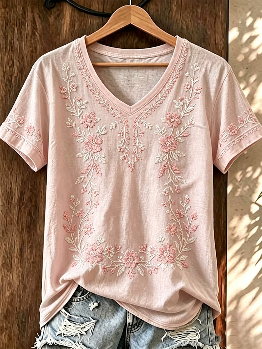 T-shirt Femme à Col en V Imprimé Fleurs Rose Cancer Du Sein