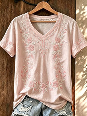 T-shirt Femme à Col en V Imprimé Fleurs Rose Cancer Du Sein