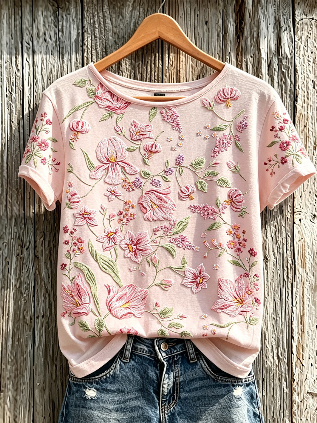 Tee-shirt femme manches courtes imprimé fleurs roses