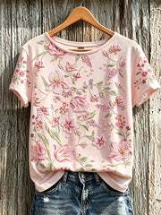 Tee-shirt femme manches courtes imprimé fleurs roses