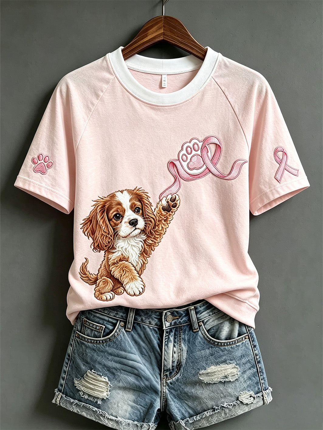 Femmes Cancer Du Sein Thème Mignon Chien Motif Imprime Casual T-shirt À Manches Courtes