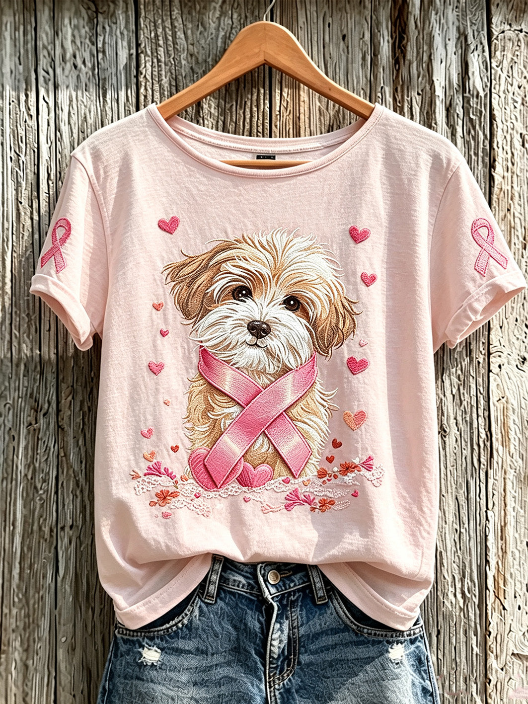 T-shirt décontracté à manches courtes pour femmes, motif mignon de chien, imprimé sur le thème du cancer du sein