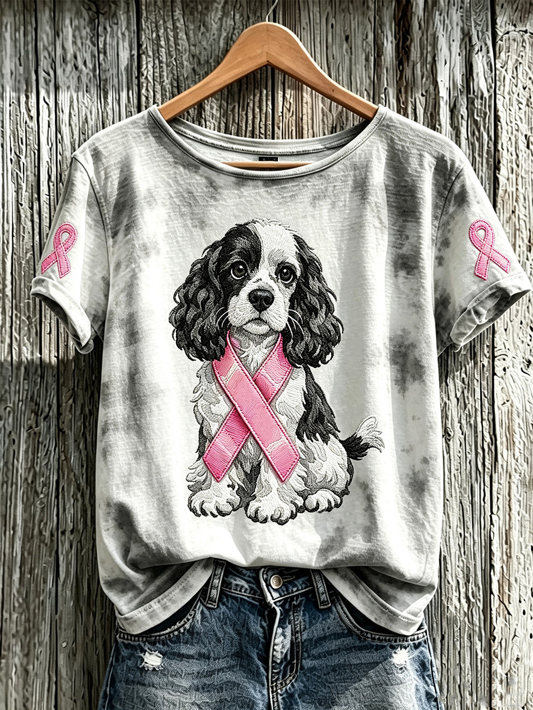 T-shirt décontracté à manches courtes pour femmes, motif mignon de chien, imprimé sur le thème du cancer du sein