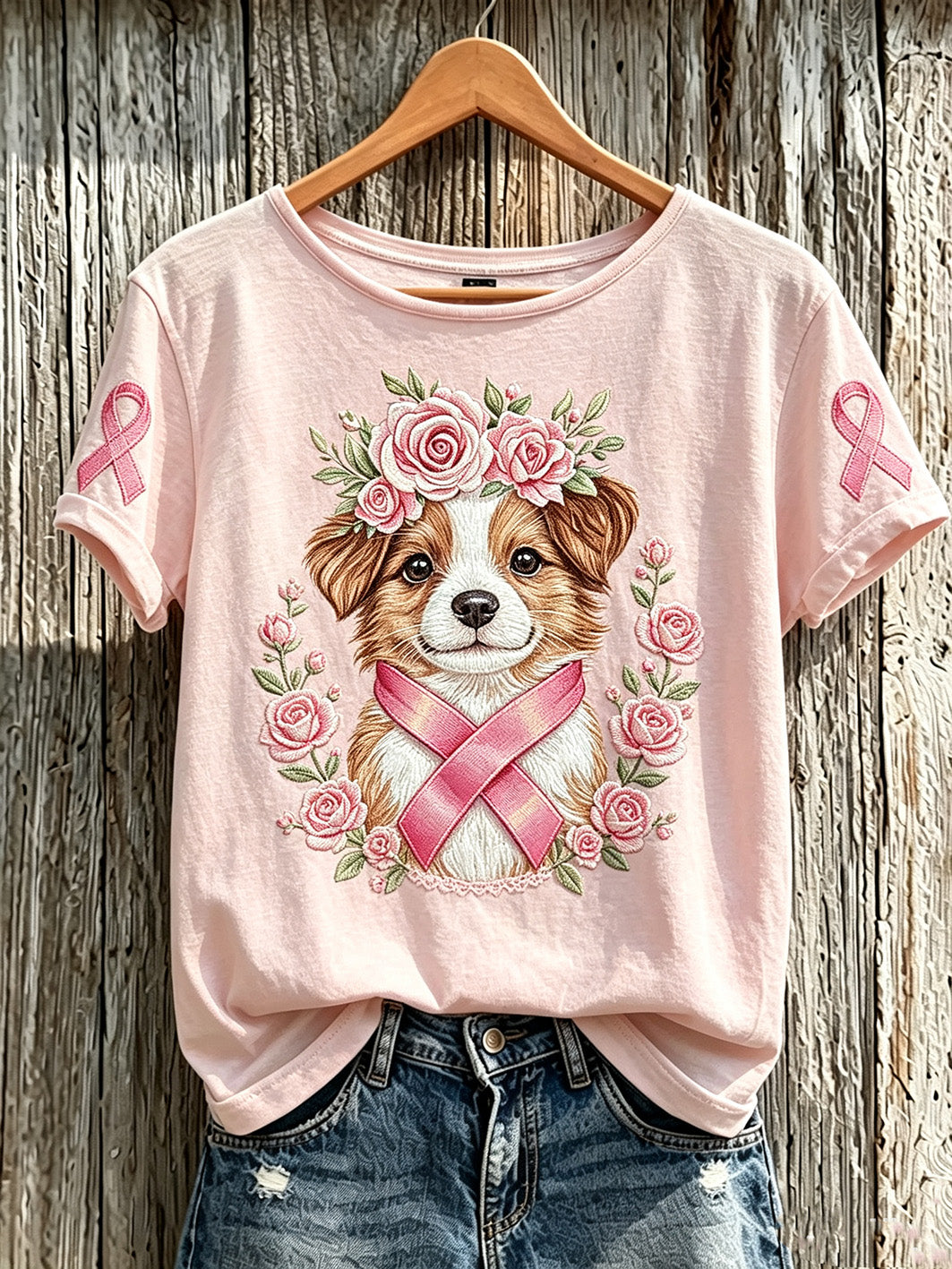 T-shirt décontracté à manches courtes pour femmes Cancer du sein Motif mignon chien imprimé