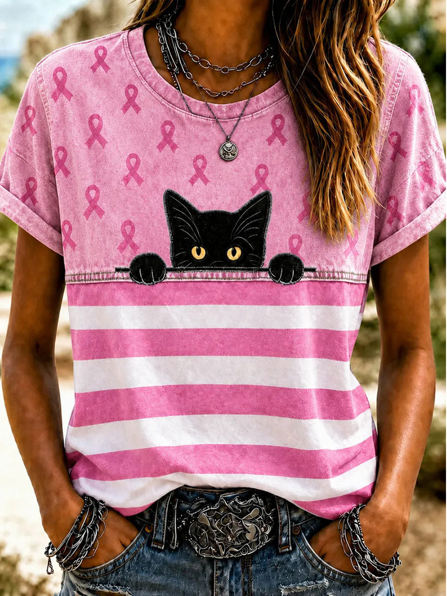T-shirt décontracté imprimé de sensibilisation au cancer du sein chez la femme