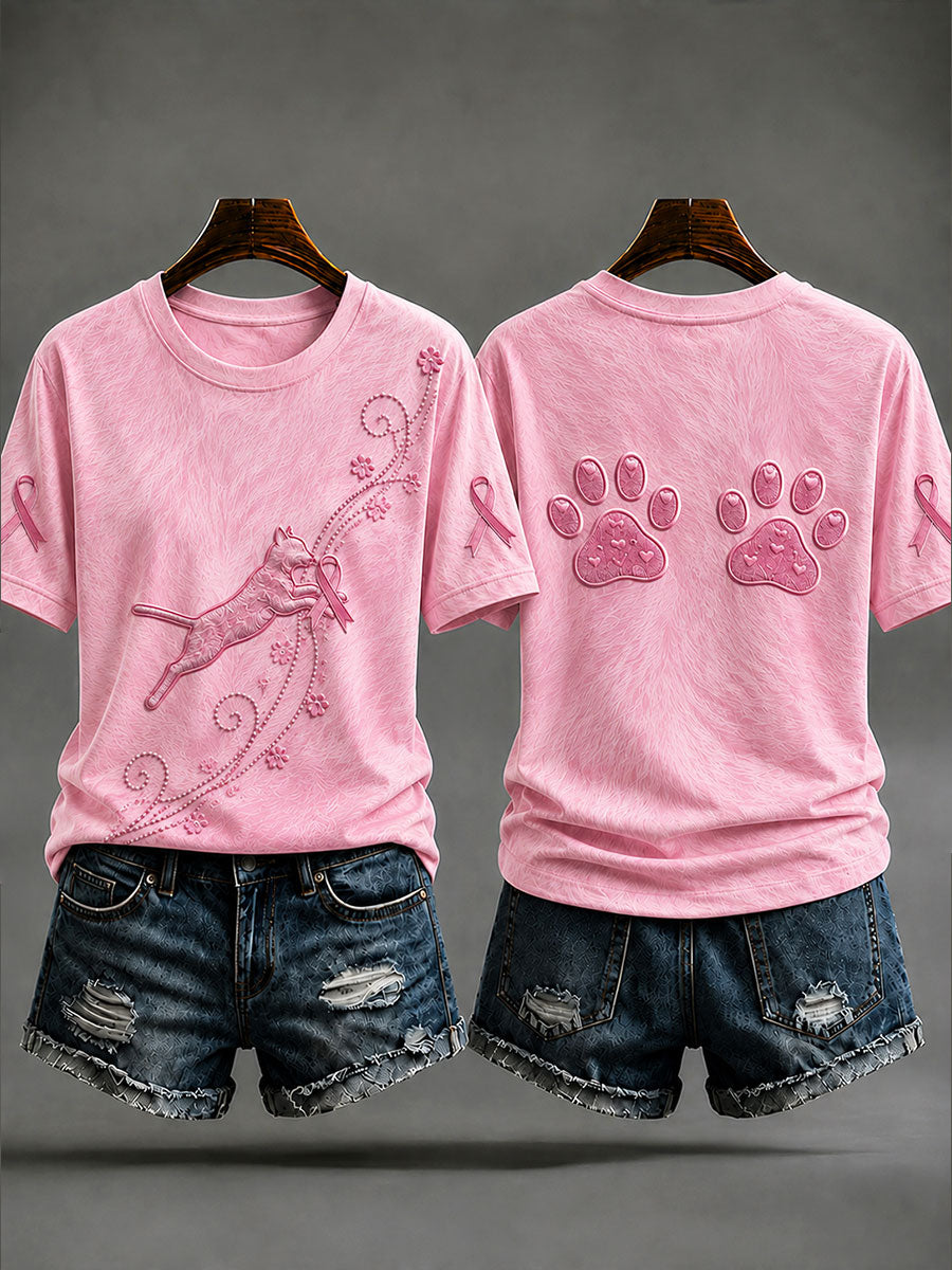 T-shirt de prévention du cancer du sein imprimé chat pour femmes