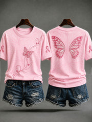 T-shirt de prévention du cancer du sein à imprimé papillon pour femmes