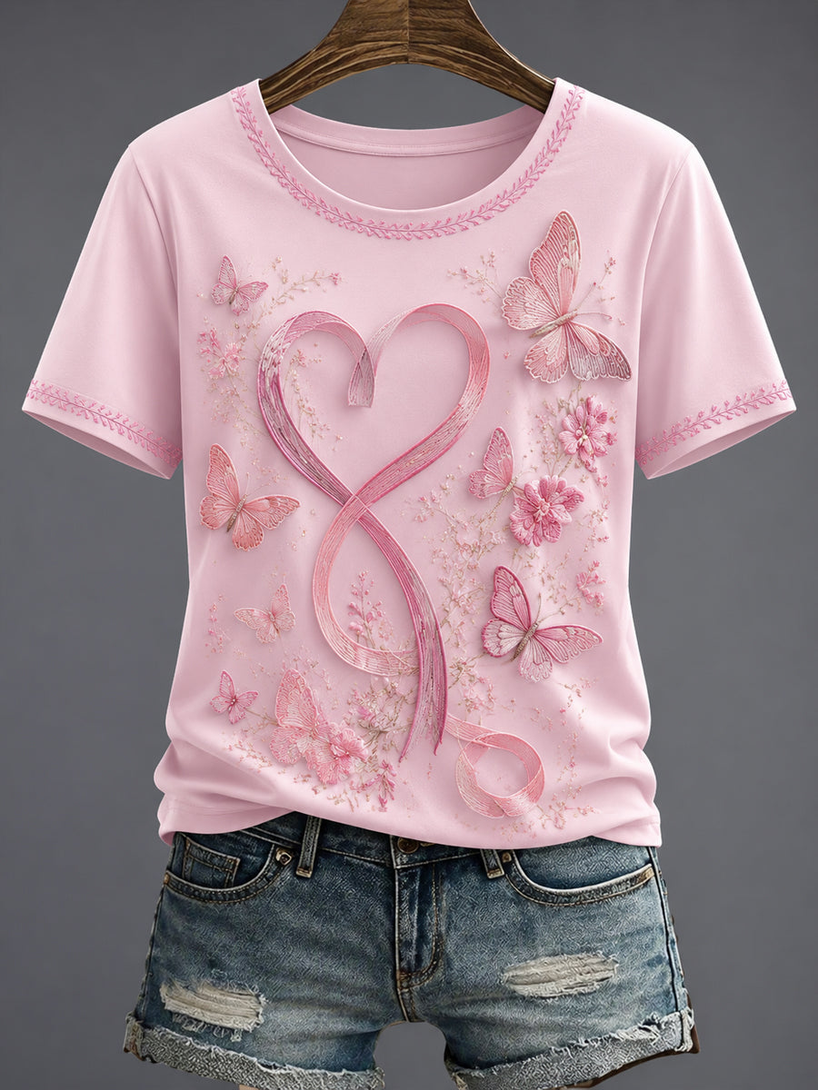 T-shirt Femme Imprimé Fleurs Rose Cancer Du Sein