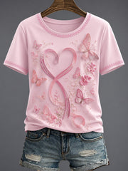 T-shirt Femme Imprimé Fleurs Rose Cancer Du Sein