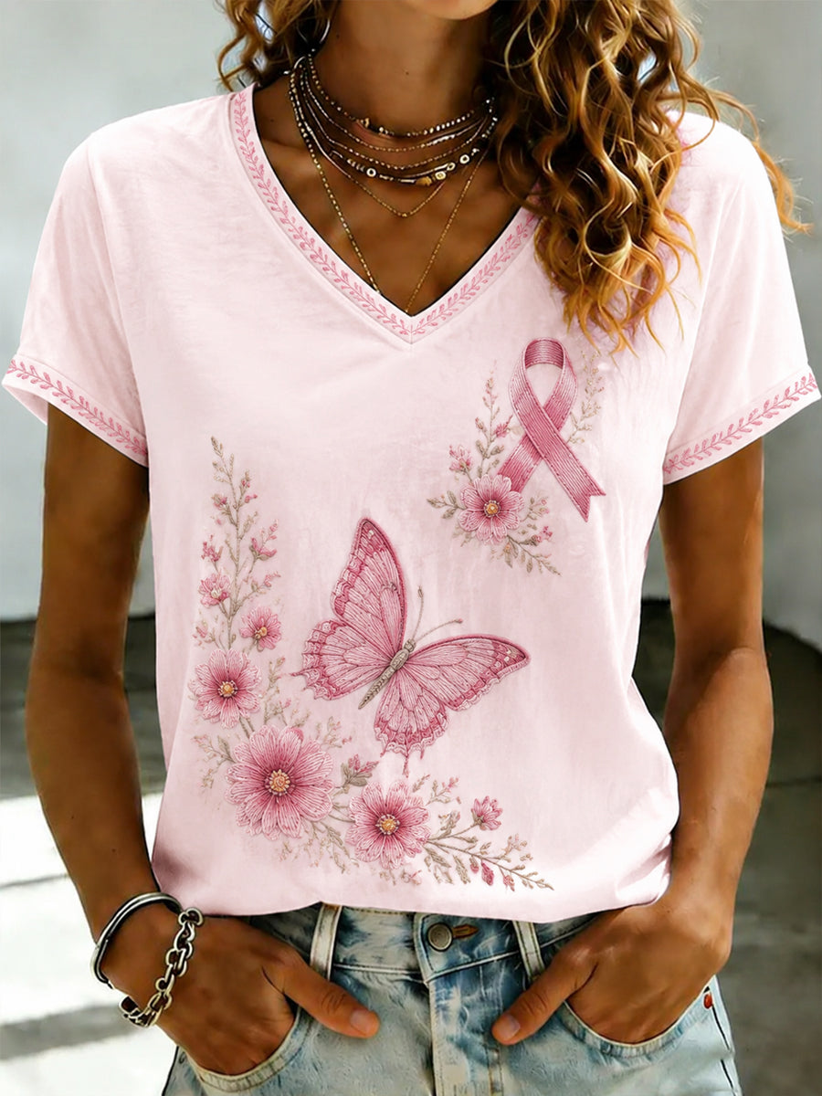 T-shirt à col en V imprimé de fleurs roses pour le cancer du sein chez la femme