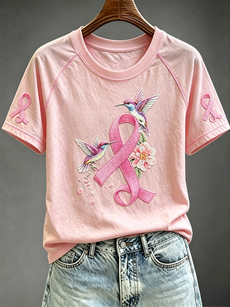 T-shirt Femme Rose Ruban Imprimé Colibri à Col Rond à Manches Courtes