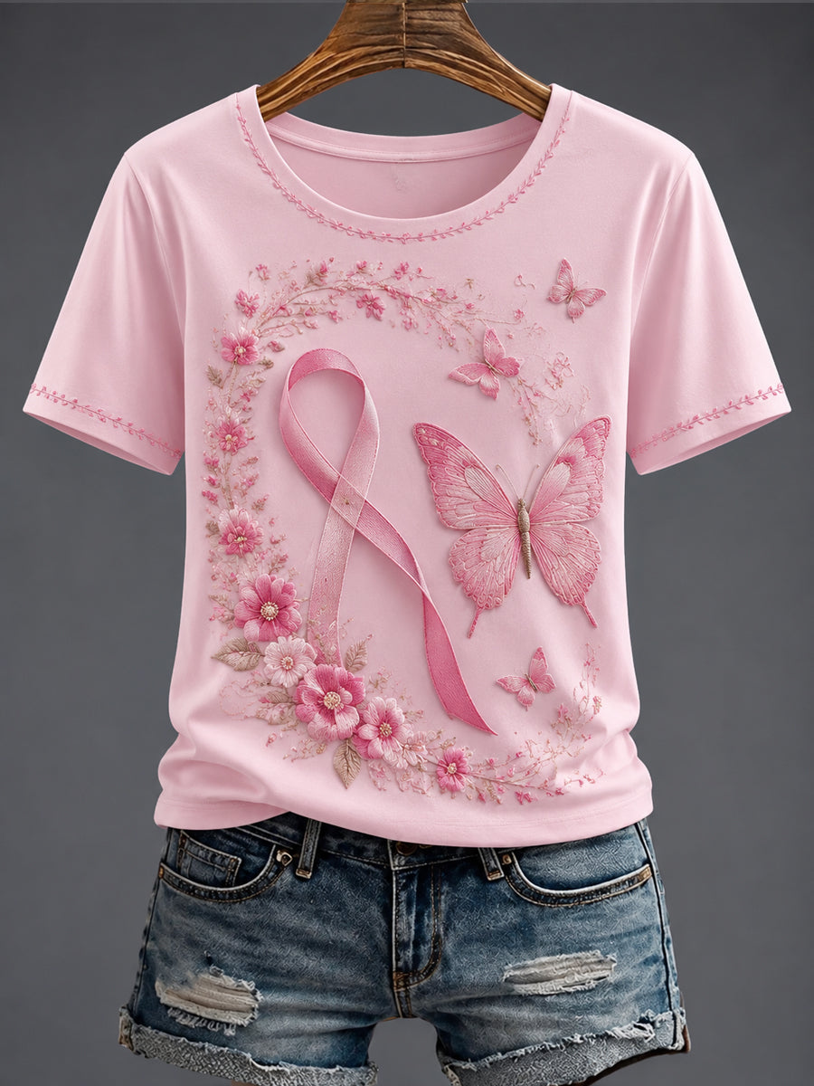 T-shirt imprimé de fleurs roses pour le cancer du sein chez la femme
