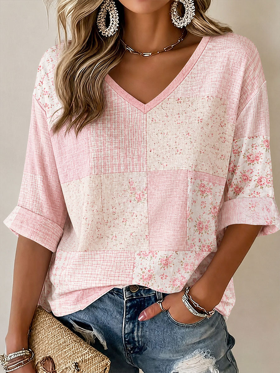 T-shirt décontracté à imprimé floral rose pour femme