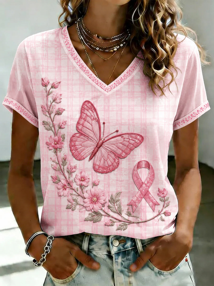 T-shirt à col en V imprimé de fleurs roses pour le cancer du sein chez la femme