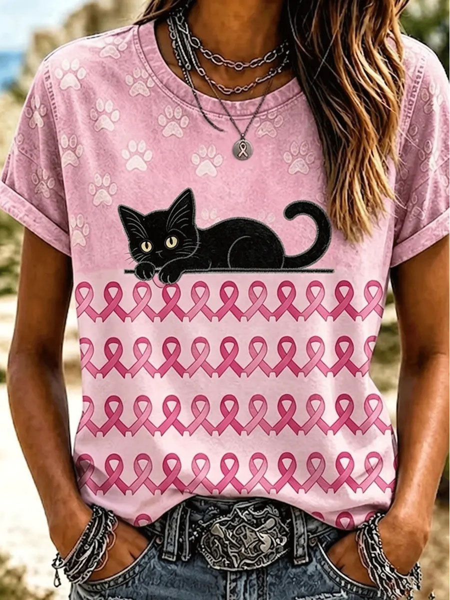 T-shirt décontracté à imprimé sensibilisation au cancer du sein pour femmes