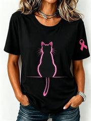 T-shirt à manches courtes pour la sensibilisation au cancer du sein chez les femmes, avec imprimé mignon de chat et ruban rose