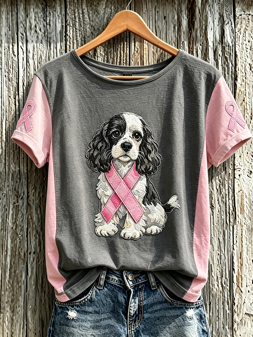 T-shirt décontracté à manches courtes pour femmes, motif mignon de chien, imprimé sur le thème du cancer du sein