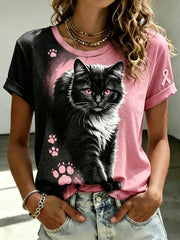 Ruban rose mignon de chat de conscience du cancer du sein des femmes imprimant le T-shirt à manches courtes