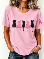 T-shirt à manches courtes pour la sensibilisation au cancer du sein chez les femmes, avec imprimé mignon de chat et ruban rose