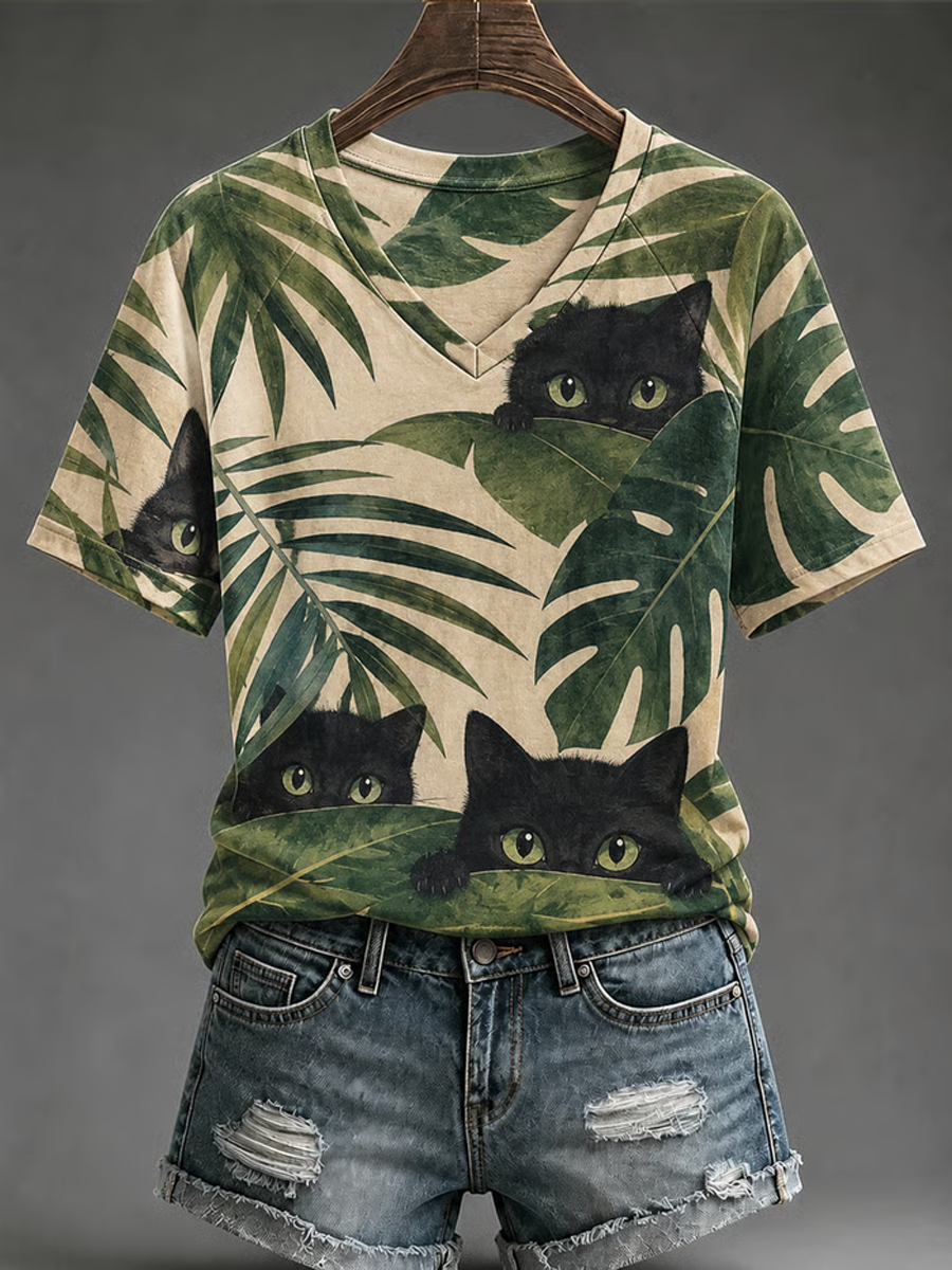 T-shirt femme imprimé chat mignon à manches courtes