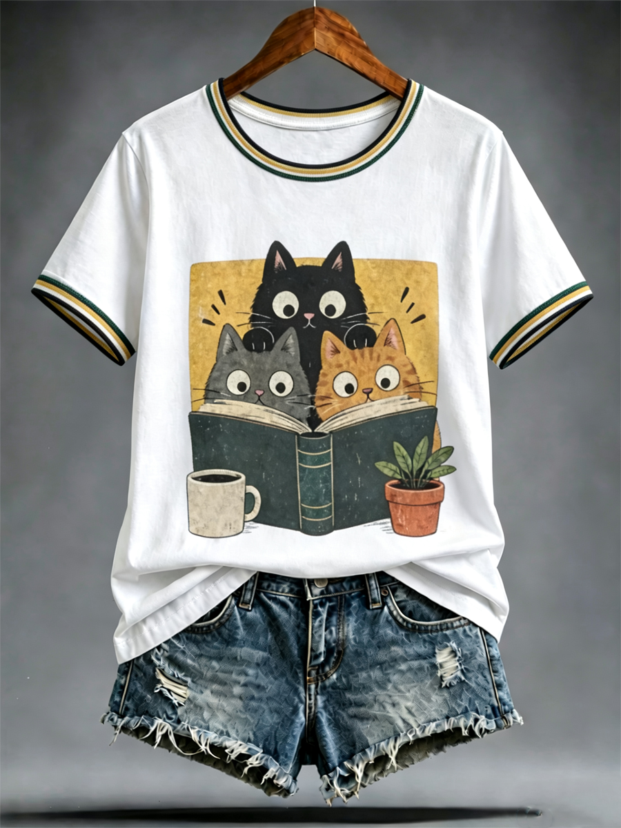 T-shirt femme à manches courtes avec imprimé mignon de chat