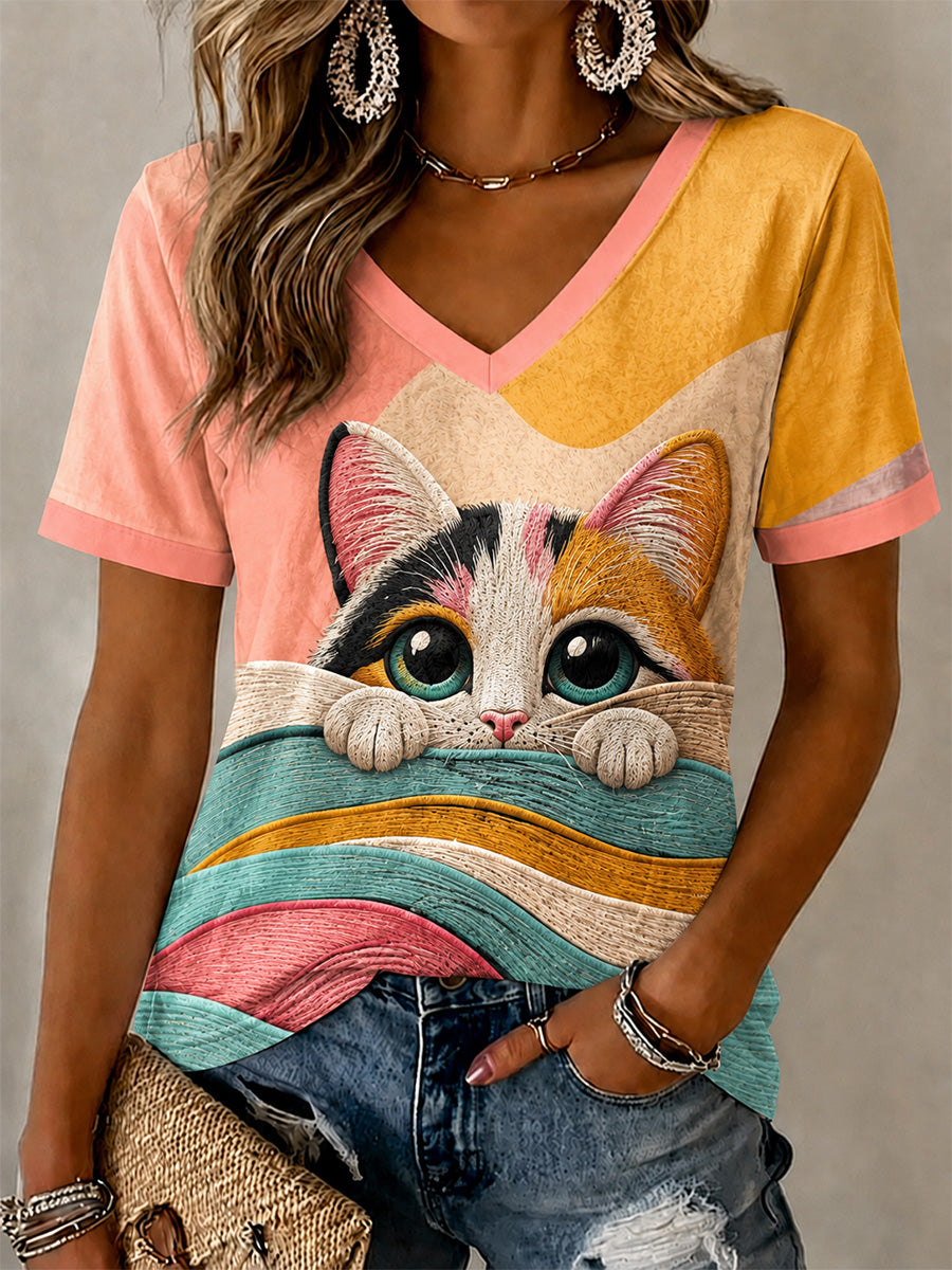 T-shirt à col en V artistique imprimé chat pour femmes