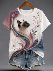 Tee-shirt Décontracté Artistique Chat Imprimé Femme