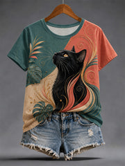 T-shirt décontracté pour femme à imprimé félin artistique