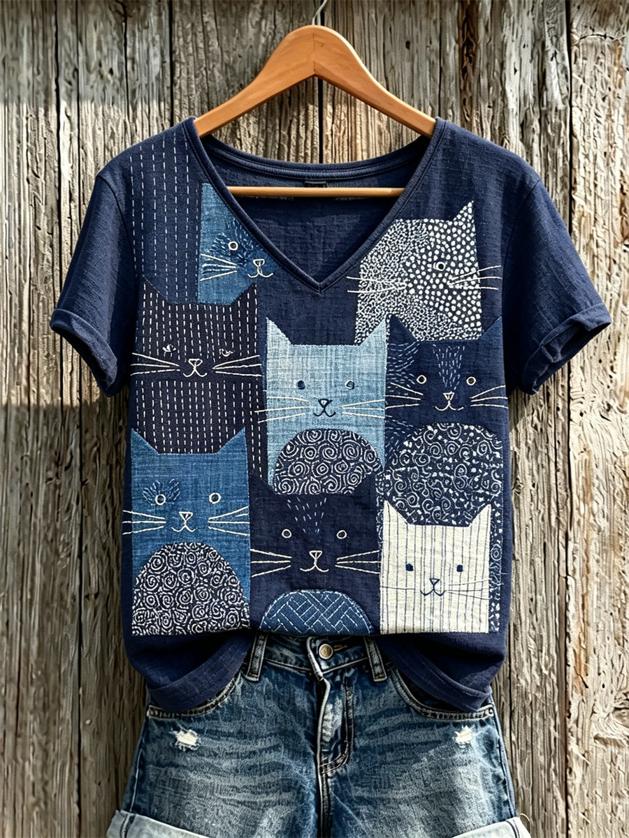T-shirt femme à manches courtes en lin, imprimé d’art japonais sashiko, patchwork de chats