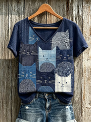 T-shirt femme à manches courtes en lin, imprimé d’art japonais sashiko, patchwork de chats