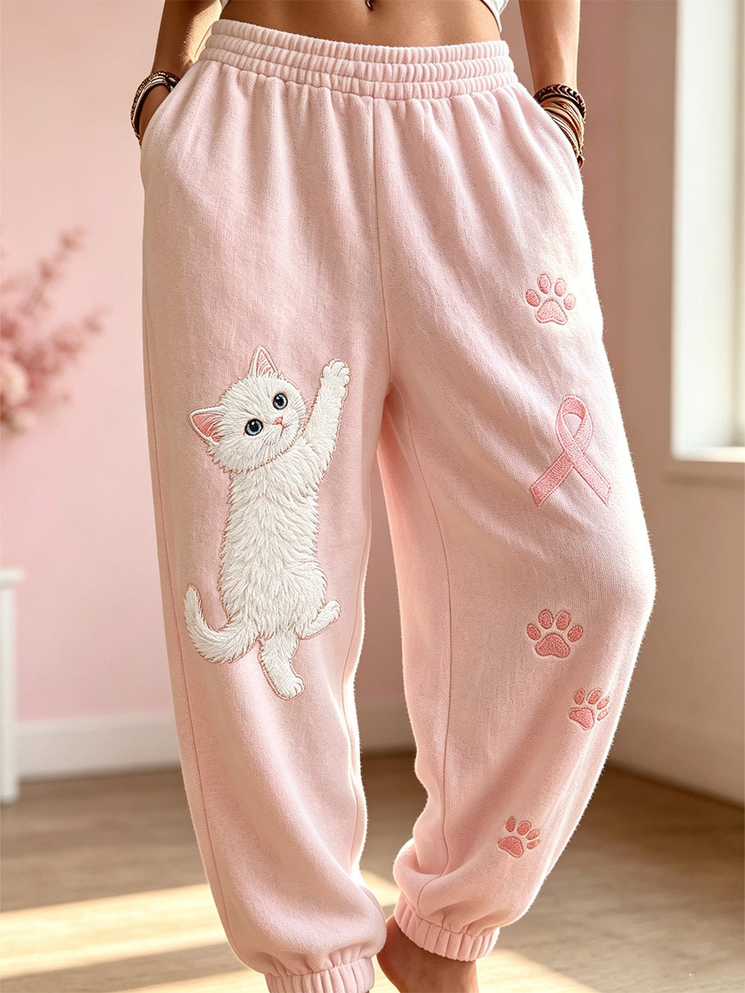 Pantalon de survêtement décontracté imprimé motif chat mignon sur le thème du cancer du sein pour femmes