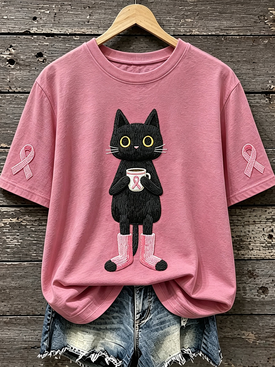 T-shirt Femme Rose Ruban Chat Imprimé Sensibilisation au Cancer du Sein à Manches Courtes