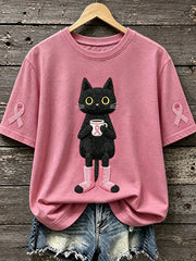 T-shirt Femme Rose Ruban Chat Imprimé Sensibilisation au Cancer du Sein à Manches Courtes