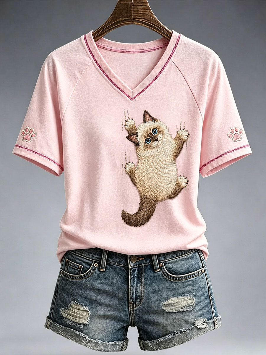 T-shirt à col en V Lovely Cat pour femmes