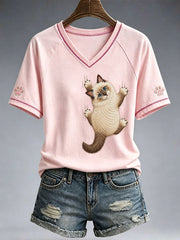 T-shirt à col en V Lovely Cat pour femmes