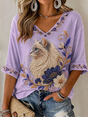 T-shirt décontracté mignon à imprimé chat pour femme