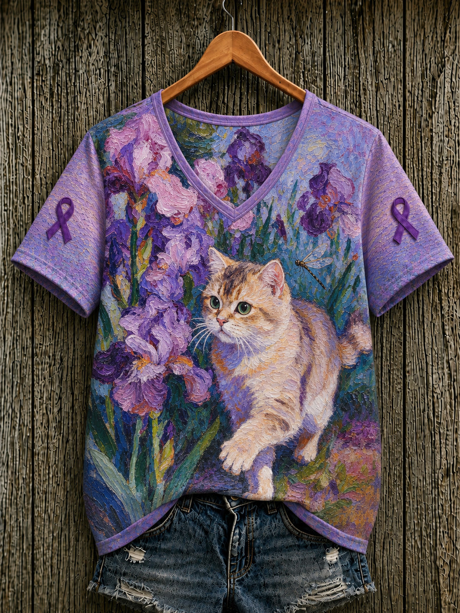 T-shirt à manches courtes pour femmes, violet, motif floral et motifs de chats, en soutien à la sensibilisation à la maladie d’Alzheimer