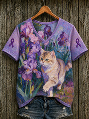 T-shirt à manches courtes pour femmes, violet, motif floral et motifs de chats, en soutien à la sensibilisation à la maladie d’Alzheimer