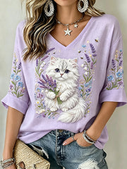 T-shirt chic à manches courtes en lin imprimé lavande et chat pour femme