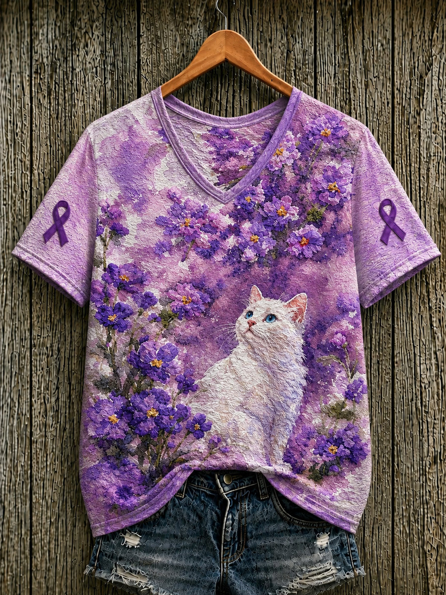 T-shirt à manches courtes pour femmes, violet, motif floral et motifs de chats, en soutien à la sensibilisation à la maladie d’Alzheimer