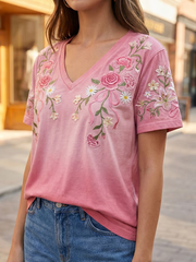 Tee-shirt femme manches courtes imprimé fleuri rose