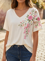 T-shirt femme à manches courtes à imprimé floral rose