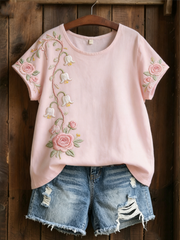 T-shirt femme en lin à manches courtes, imprimé fleuri rose