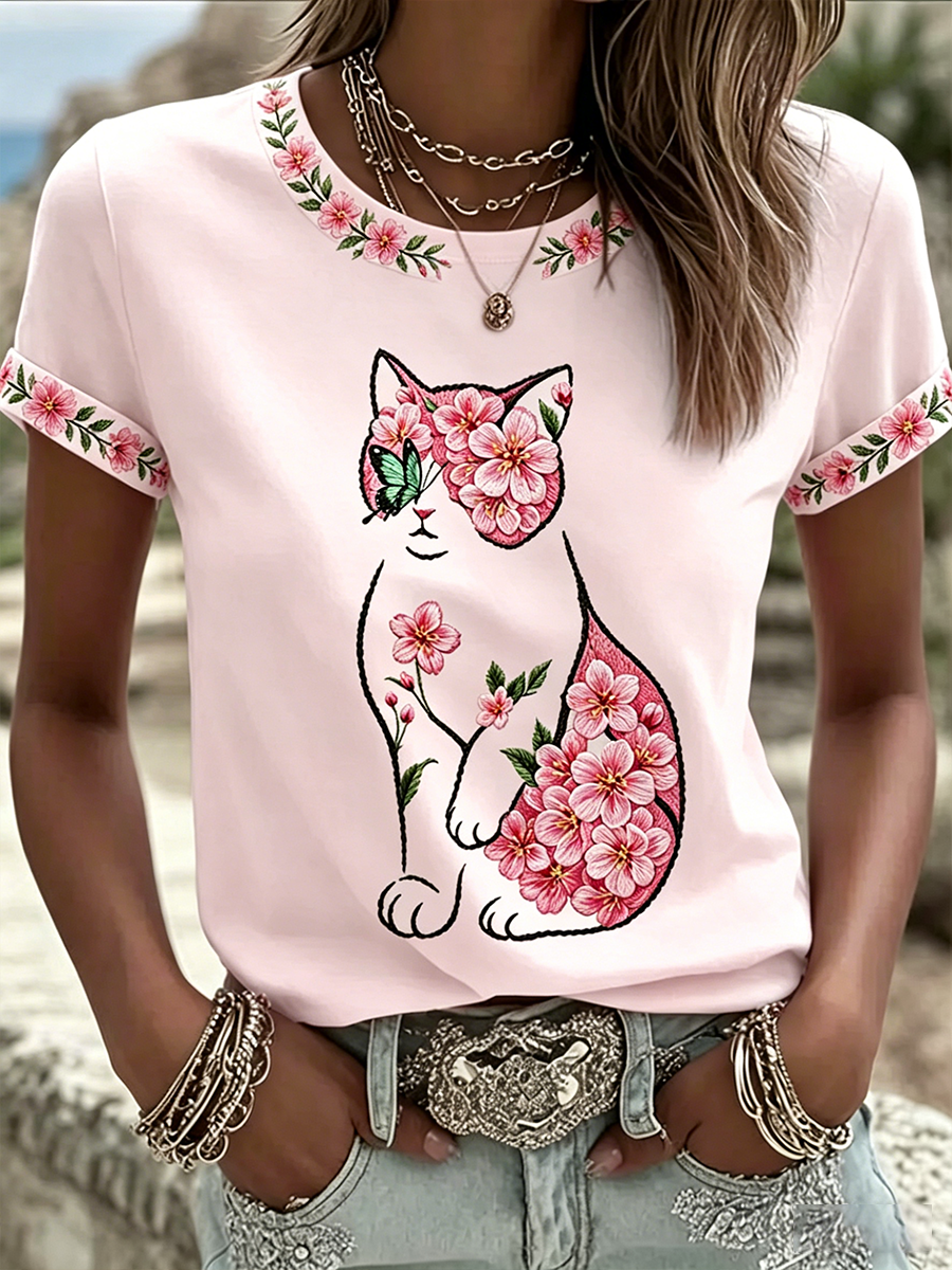 T-shirt décontracté pour femme à imprimé floral et motifs chats