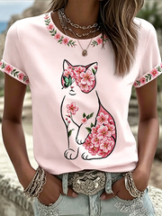 T-shirt décontracté pour femme à imprimé floral et motifs chats