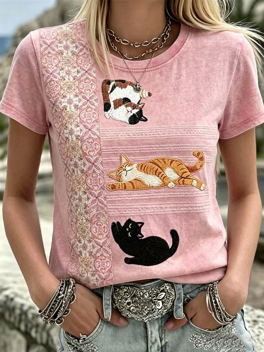 T-shirt à manches courtes Fleurs et Chats Femme