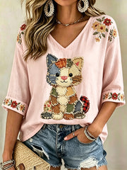 T-shirt à col en V à imprimé floral pour femmes