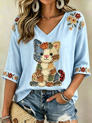 T-shirt à col en V à imprimé floral pour femmes