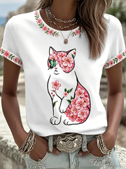 T-shirt décontracté pour femme à imprimé floral et motifs chats