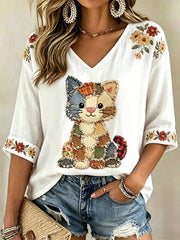 T-shirt à col en V à imprimé floral pour femmes